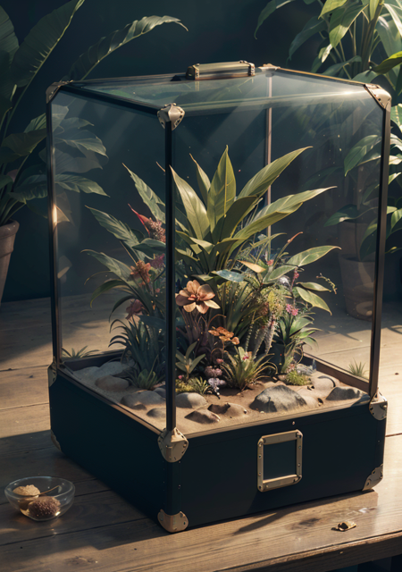 (realistic:1.2), (intricate:1.3),analog style,  (film grain), (warm hue, warm tone:1.2), close up, cinematic light, sidelighting, ultra high res, best shadow, RAW, 
(tropical jungle) ,  (KnollingCaseQuiron style), glass case, display case,  (KnollingCase:1.4), 
<lora:quiron_KnollingCase_v1_lora:0.77>