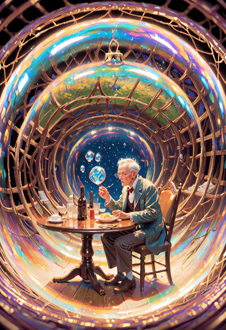 <lora:BubbleXL:1> A norman rockwell scene of a lonely old man eating dinner inside a bubble