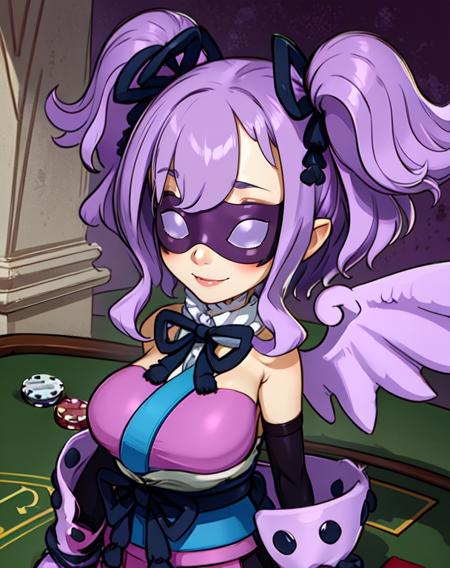 ceefore,(eyemask:1.2),purple hair,twintails,
fingerless gloves,wings,pink kimono,black pantyhose,hair ribbon,elbow gloves,bare shoulders,
standing,upper body,
smile,
casino,
(insanely detailed, beautiful detailed face, masterpiece, beautiful detailed eyes, best quality),
<lora:ceefore:0.8>,