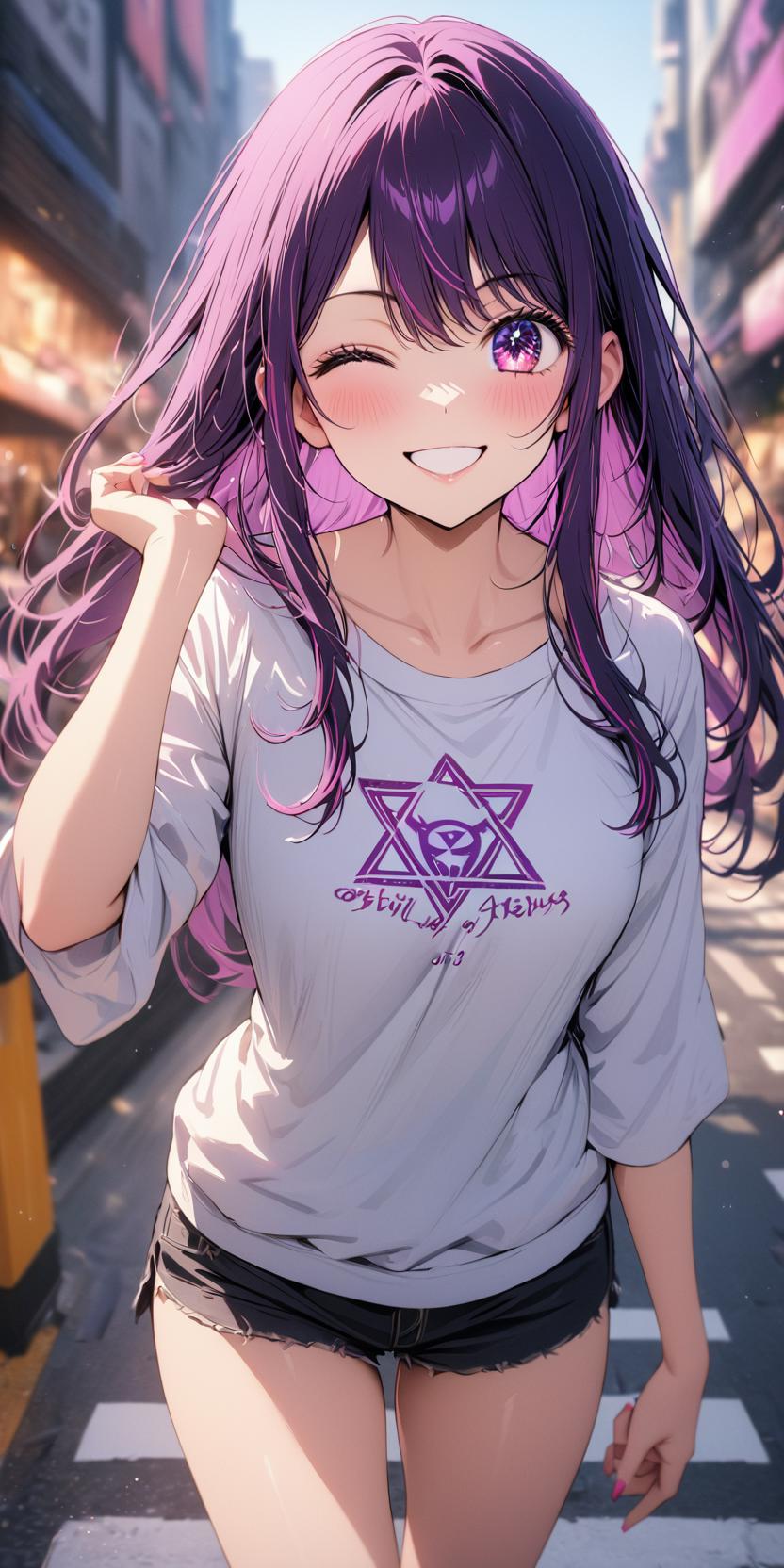 masterpiece,best quality,highres,intricate details,4k,stunning,detailed face,1 woman,hoshino ai \(oshi no ko\),oshi no ko,purple hair,hexagram_pupil,no suit,walking on the street,cowboy_shot,depth of field,looking at viewer,smile,one eye closed,<lora:perfect-eyes:0.8>,