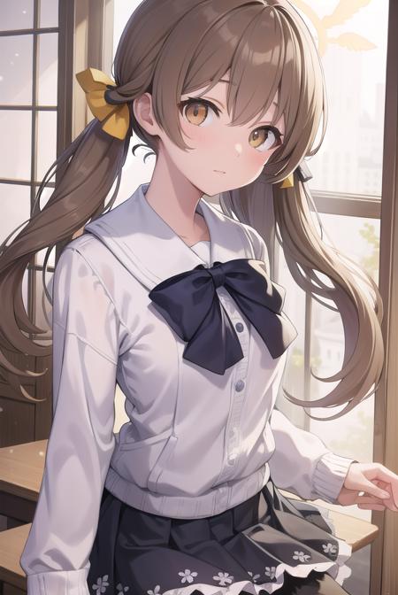 bluearchivehifumi, <lora:bluearchivehifumi-lora-nochekaiser:1>, 
hifumi, brown hair, hair between eyes, hair bow, hair ribbon, halo, long hair, low twintails, sidelocks, twintails, wing hair ornament, (brown eyes:1.5), (flat chest:1.),
BREAK black pantyhose, black skirt, long sleeves, pantyhose, pleated skirt, ribbon, school uniform, serafuku, skirt,
BREAK looking at viewer, 
BREAK indoors, classroom,
BREAK <lyco:GoodHands-beta2:1>, (masterpiece:1.2), best quality, high resolution, unity 8k wallpaper, (illustration:0.8), (beautiful detailed eyes:1.6), extremely detailed face, perfect lighting, extremely detailed CG, (perfect hands, perfect anatomy),