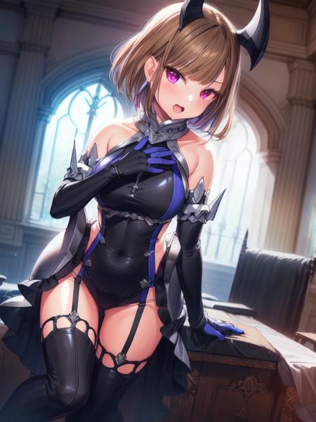 Kuirinta,brown hair, short hair, horns,black dress,purple shirt,  black thighhighs, elbow gloves,