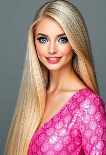 a professional full body photo of a hair model who looks like Barbie, extremely long straight blonde hair, side parted hair, big blue eyes, glamorous makeup, pink sequined dress, smiling