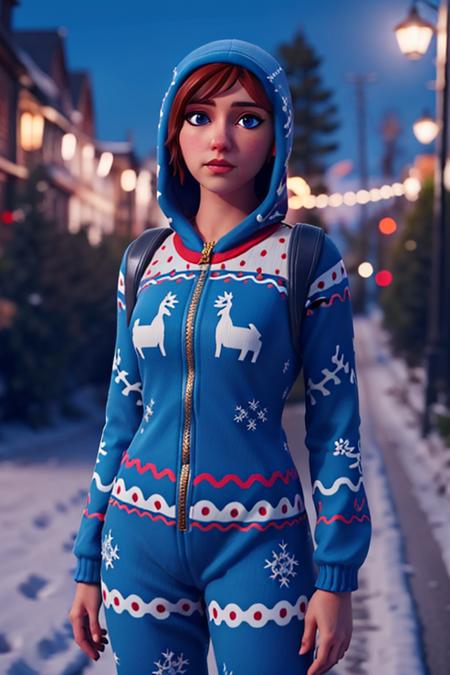 <lora:VRAMsOnesie:0.6>, vramsonsie, 1girl, solo, looking at viewer, blue eyes, brown hair, onesie, hood, bokeh, night, winter, cinematic