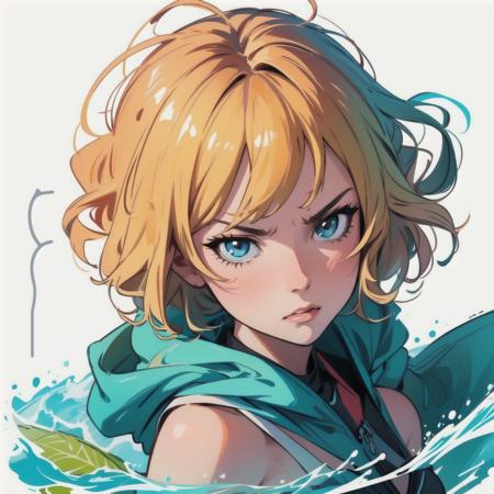 (masterpiece, best quality:1.3),(colorful:1.3),looking at viewer,1girl,solo,floating colorful water,(2D:1.3), (add details:1), (out line:2), short hair, blonde, angry,