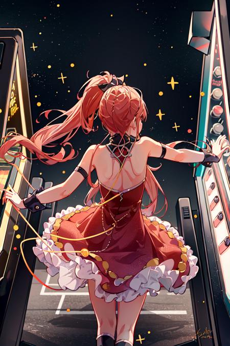 pmmmKyouko, 1girl, solo, cowboy shot, from above, (detailed shiny anime style eyes), flat chest, detailed textures, neon lights, (dancing on an arcade dancing machine), aesthetic, intricate, neon lights, sharp focus, <lora:KyoukoSakura:1>