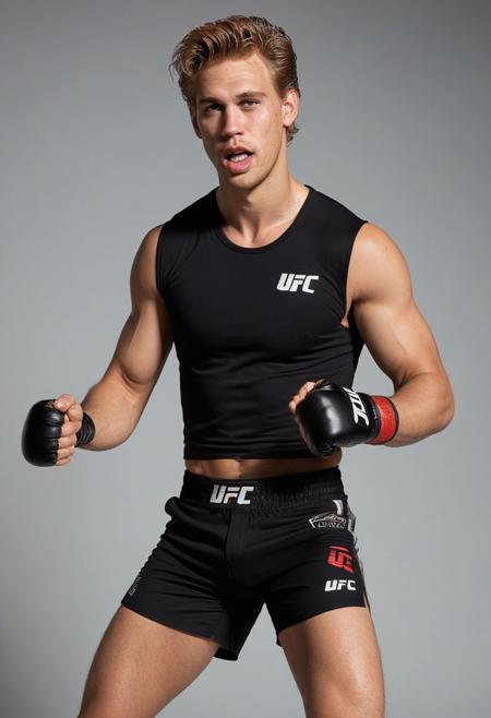 homoerotic photo of Shaun Sipos a man <lora:Austin-Butler_Shaun-Sipos:0.8>, UFC fighting ring, cocky expression, as a UFC fighter, (black muscle shirt:1.4), Venum UFC shorts, ((full body portrait)), wide angle, ((masterpiece)), natural skin, natural body muscle definitions, adobe lightroom, photolab, intricate, highly detailed, sharp focus, insane details, intricate details, hyperdetailed, low contrast, soft cinematic light, exposure blend, dim colors, dim light,  Award - winning, with Kodak Portra 800, a Hasselblad 500 ,55mm f/ 1.9 lens, extreme depth of field, available light, high contrast, Ultra HD, HDR, DTM, 8K,