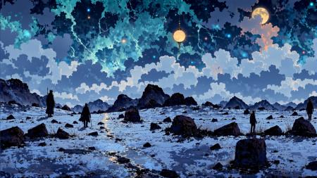 A vast, frozen tundra where the ground is etched with ancient runes. Under a sky ablaze with enchanted auroras, spectral figures seem to wander among the frost and ice.