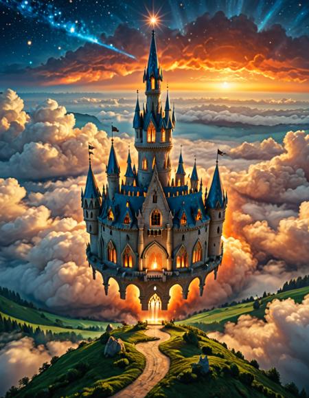 <lora:MW_Minis01xl:1.0> mwm01, cinematic, majestic, fantasy, T10, gold, blue, bokeh, a breathtaking fantasy castle with tall spires and arched foundations, floating above the clouds on elegant stone pillars. The castle glows warmly from within, its windows lit against the twilight sky. A radiant star shines at the tip of the tallest spire, with a comet streaking across a starry night sky above. Below, sunrays pierce through the clouds, casting long shadows on the lush green valleys and winding paths of the landscape far below. The scene blends elements of both dusk and starlight, creating a surreal, magical ambiance. The view angle is high and slightly angled downwards, emphasizing the majestic height of the structure and its ethereal placement above the world. Ultra-detailed, magical realism, cinematic fantasy lighting, dreamlike atmosphere, Studio Ghibli meets Renaissance fairytale aesthetic. T9, fire sky, scenery, dead rocky ground, orange clouds, dark