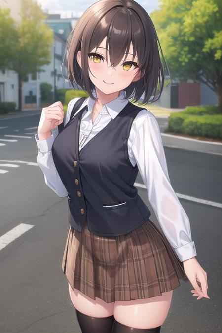 Sagimiya Misaki short hair,brown hair,hair between eyes,bangs,yellow eyes blue vest,white shirt,long sleeves,medium breasts,skindentation,miniskirt,brown skirt,plaid skirt,zettai ryouiki,black thighhighs,loafers