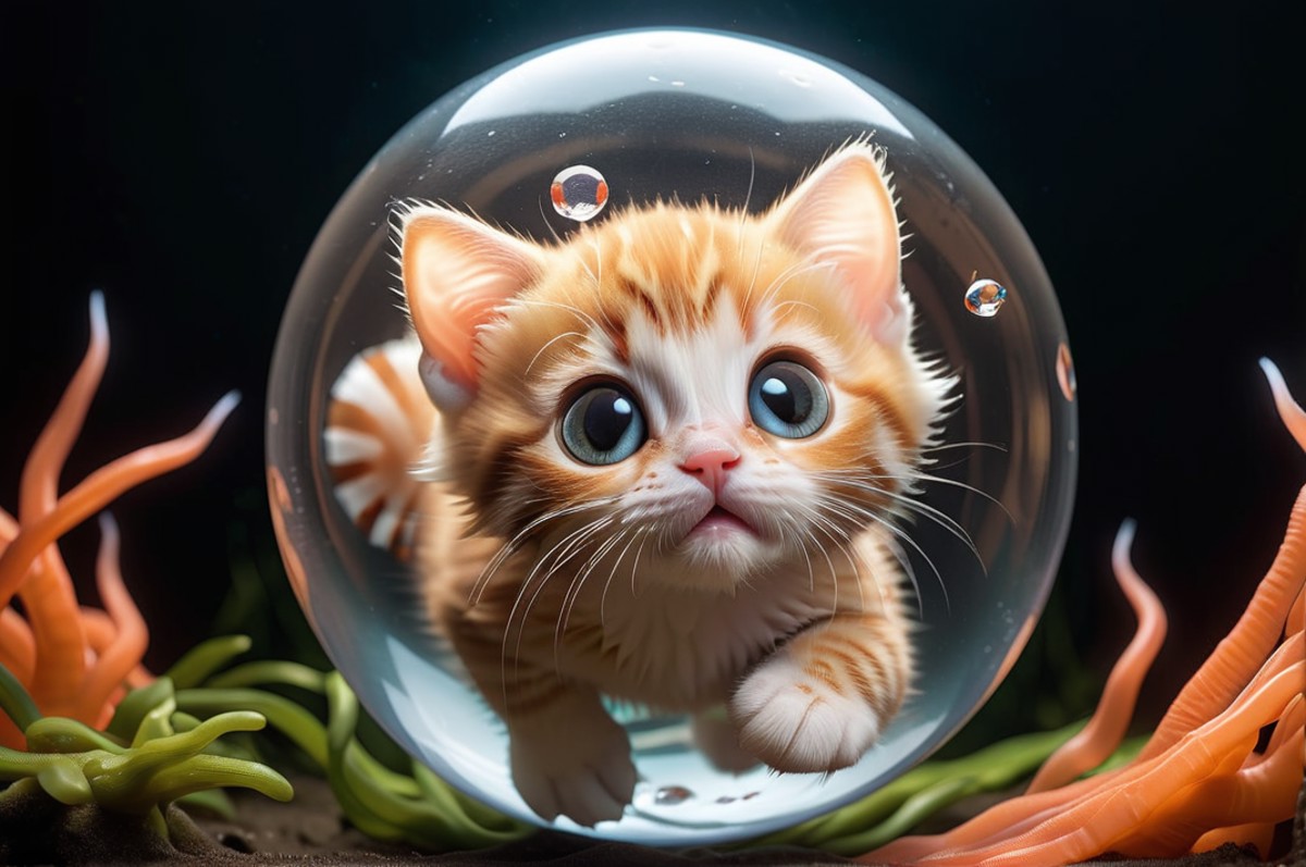 kitten  swimming inside big air bubble under water, deep sea, lantern fish, angler fish, bioluminescent jelly fish,  sea w...