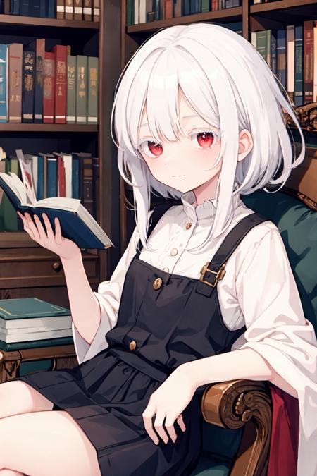 upper body, 
1girl, white hair, (colored eyelashes, white eyelashes:1.2), sleepy, faint smile, (smile:0.8), closed mouth, head down, sitting on armchair, looking at viewer, hand on own knee, book on knee, red  eyes, 
indoor, bookshelf, 
 <lora:colored_eyelashes000:1>,  