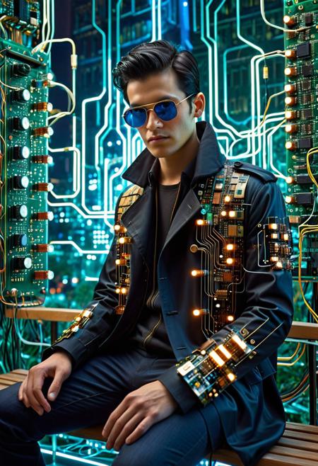 Transistor Man: Electronic Man
Concept: Transistors, Man, cinematic, intricate details, circuit city background, glowing elements, futuristic, <lora:TransistorsXL_LoRA:1>.
Core Elements: man's face and upper body subtly formed by transistors and circuit patterns, glowing pathways accentuating features, background of a transistor city.
Atmosphere/Mood: enigmatic, futuristic, intricate, intelligent, technological.
Setting Details: a young man in a black trench coat, wearing sunglasses, slick black hair, leaning on a bench made of transistors and watching a bird, his skin subtly integrated with microscopic transistors and circuit lines, set against a detailed background of a transistor city.
Central Figure Details: Man. Delicate lines of transistors and glowing pathways subtly trace his facial contours, hair strands, and clothing. The background is a detailed landscape of a city made of transistors, with visible transistors and circuit connections.
Lighting: soft, internal glow emanating from the circuit patterns on the man and within the transistor city background. Creates subtle highlights and shadows, emphasizing the intricate details.
Composition: portrait, cinematic, microchip texture.
Color Palette: subtle blend of skin tones with greens, blues, golds. Background features various metallic and silicon hues with glowing pathways in contrasting colors.
Quality: Transistors, photorealistic, ultra detailed, sci-fi, visually striking, hyperrealistic, futuristic, man, microchip.