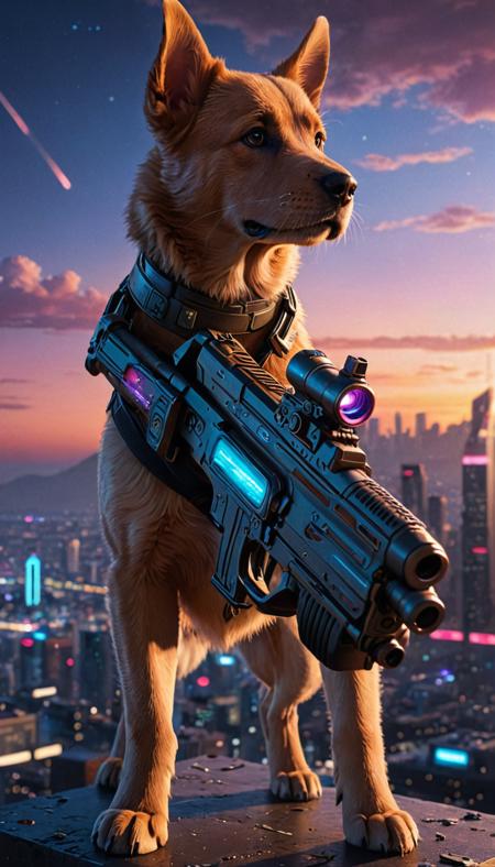 cgi, max quality render of awesome (((gigantic))) galaxy_sized puppy, perfect stratosphere, city below, sci-fi, extremely detailed, futuristic, masterpiece, hyperrealistic, glorious neon, sunset, incredible detail, cinematic lighting, wielding rifle