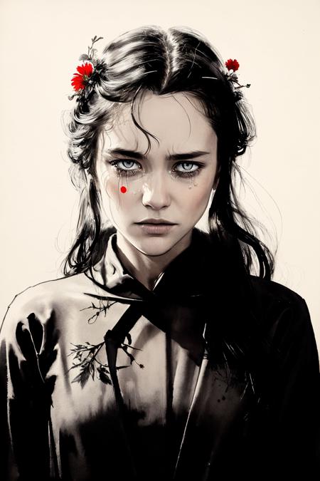 (best quality, masterpiece :1.1), A girl in the image of the earth, (white background, :1.1), (crying, dark tears,perfect face, detailed eyes, detailed mouth,detailed face:1.1),dark oil, (red flowers:1.1), ( action-packed , fantastic realism:1.1),
 eye contact,  (intricate details, cinematic, extremely detailed, :1.10), 
 <lora:zyd232_InkStyle_v1_0:0.8> zydink, monochrome, ink sketch