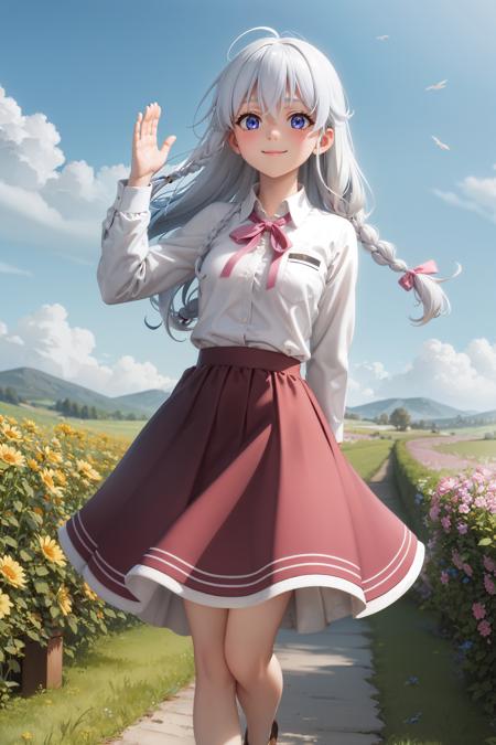 (masterpiece:1.3), (absurdres:1.3), (best quality:1.3), (ultra-detailed:1.3), 1girl, ph elaina, Eoutfit4, elaina (majo no tabitabi), solo, long hair, bow, white shirt, blush, skirt, bangs, hair between eyes, blue eyes, bowtie, hair bow, collared shirt, long sleeves, shiny hair, neck ribbon, dress shirt, sidelocks, pleated skirt, pocket, hair tubes, white hair, single braid, wing collar, pink ribbon, school uniform, shiny, hair ribbon, bright smile, full body, day, clear sky, looking at sky, look Up, meadow background, closed mouth, (wind:1.2), flowers flying in the wind,  <lora:elaina-ph_64:1>, dynamic pose, waving,