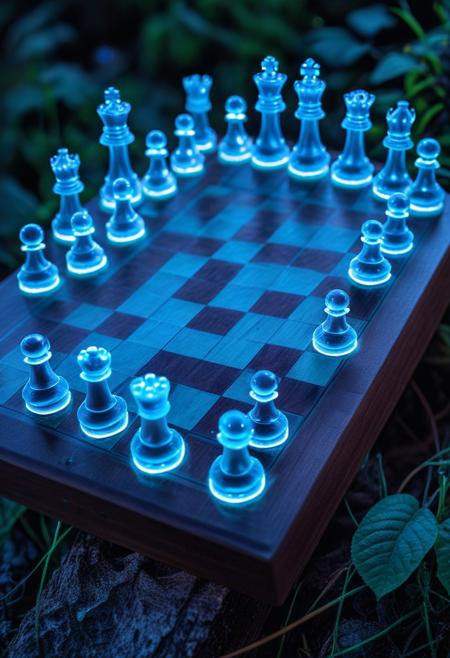 A board of chess, bioluminescent, glowing, nature, best quality