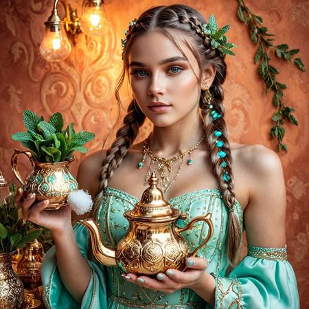 lazypos, detailed, elegant, warm colors, glowing, fantasy, fashion editorial, vibrant lighting,
A surreal fashion portrait of a woman with long hair braided with mint sprigs and sugar cubes, holding a golden teapot like a handbag, Atai, SDXL, beauty editorial style