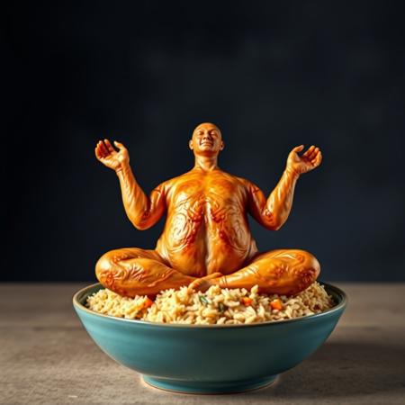 A roasted chicken in a yoga pose, sitting atop a bowl of fried rice. The chicken is perfectly browned and detailed, its posture serene and balanced.  The bowl is teal, and the rice is fluffy and textured, with visible vegetables. The background is a dark, moody setting, with a subtle light source highlighting the chicken. The overall style is photorealistic, with a focus on texture and detail