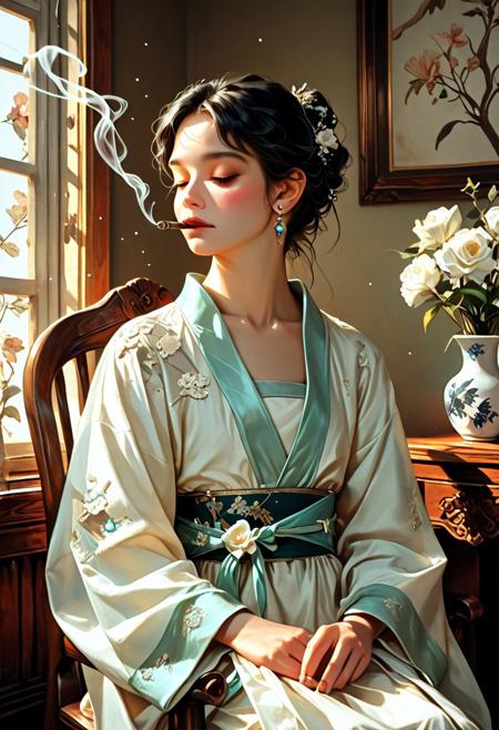 solo, short black hair, elegant man, seated, holding a long kiseru smoking pipe, traditional Hanfu-style silk robe, white with delicate embroidery, floral patterns, tied sash, flat chest, graceful pose, closed eyes, long sleeves, white flower vase in the background, ornate wooden chair, ethereal smoke, gentle lighting, earrings, realistic facial features, attractive , calm atmosphere, flower vase decor, semi-realistic style, digital painting, concept art, soft glow, dusty cool tones, volumetric lighting, ultrahigh definition,  absurdres, highres, very aesthetic, painted style, moody light, contrast of white fabric and dark wood, misty effect, light particles, serene, Midjourney style, elegant composition, aidma-niji