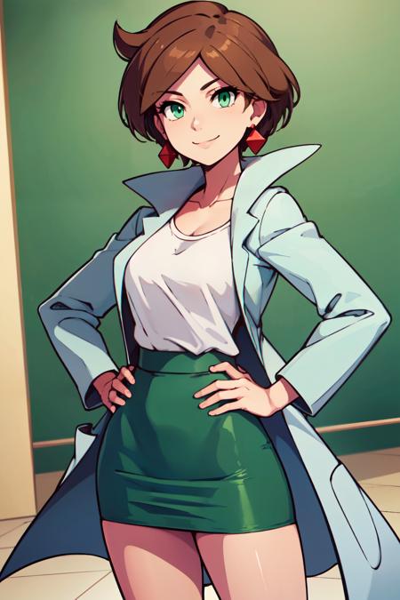 zzJuniper, green eyes, brown hair, short hair, earrings,  zzJuniper, green eyes, brown hair, short hair, earrings, labcoat, green skirt, pencil skirt