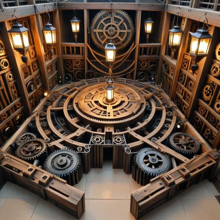 a labyrinth constructed from shifting gear platforms, walls moving on timed rotations, floor panels spinning to reveal hidden stairs, lanterns powered by ticking mainsprings, entire structure recalibrating with mechanical pulses, g3ars, made out of gears