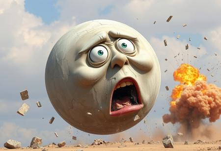 moon: large, anthropomorphic, cracked surface, exaggerated facial features  
moon expression: shocked, exaggerated wide-eyed look, mouth agape in a comedic reaction  
moon details: visible damage from explosion, cartoonishly crumbling with pieces flying off  
moon position: central to the scene, dominating the upper portion of the composition  
interaction: actively reacting to the explosion, visually tied to the chaotic motion around it