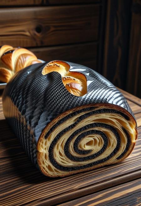 8k, cf_style, Raw digital photo, bread made of Carbon fiber, on old wooden interior, Full Colour, 80mm,