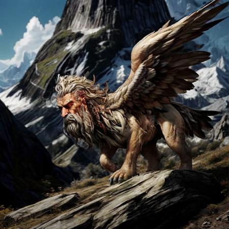 highly detailed  documentary photo of a (lamassu:1.2) standing on a hillside,

lamassu, solo, looking at viewer, white hair, paws, wings, glowing, facial hair, feathers, glowing eyes, beard, mustache

realistic:1.3, depth of field, blurry, blurry background,

on a mountainside,

photorealistic,
ultra photoreal,
32k, fantasy, 
god rays:1.1,
lens flare:1.1,
shadow play:1.2,







