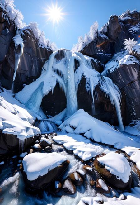 score_9, score_8_up, score_7_up, score_6_up, score_5_up, score_4_up, (absurdres, best quality, masterpiece:1.4), illustration, photorealistic, cinematic lighting, dynamic angle, perfect composition, ice, frozen waterfall, icy cliffs, crystal clear, snow-covered rocks, serene, winter landscape, sparkling in the sun, untouched, tranquil