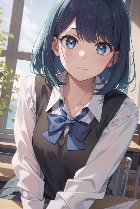 akanekurokawa, <lyco:akanekurokawa-lyco-nochekaiser:1>,
akane kurokawa, aqua eyes, blue hair, medium hair, sidelocks,
BREAK black sweater vest, blue bow, blue bowtie, bow, bowtie, collared shirt, long sleeves, puffy sleeves, school uniform, shirt, sweater vest, white shirt,
BREAK looking at viewer,
BREAK indoors, classroom,
BREAK <lyco:GoodHands-beta2:1>, (masterpiece:1.2), best quality, high resolution, unity 8k wallpaper, (illustration:0.8), (beautiful detailed eyes:1.6), extremely detailed face, perfect lighting, extremely detailed CG, (perfect hands, perfect anatomy),