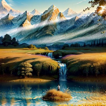 ((masterpiece)), ((best quality)), 8k, high detailed, ultra-detailed, landscape, nature, (majestic mountains), (serene lake), (lush green forests), (crystal-clear waterfall), (colorful flowers), (golden sunlight:1.1), capturing the beauty and tranquility of the natural world, inspired by the works of Thomas Moran, <lora:crackled3.0:1>