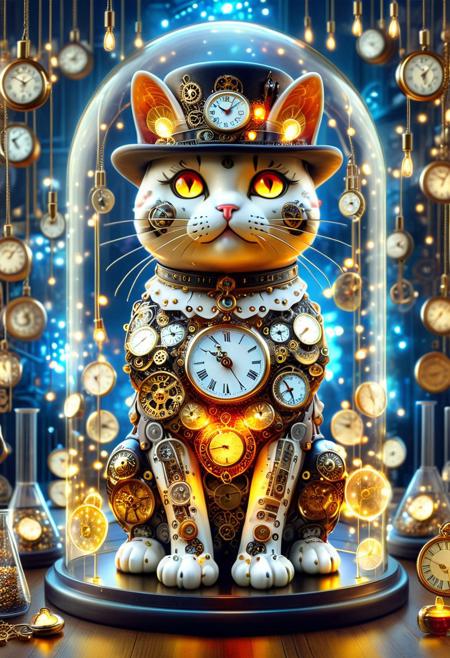 Clock_Style, Photorealistic full body portrait of steampunk inspired maneki-neko statue with a top hat and glowing amber eyes, sitting on a gold ingot, in a glass dome, wrapped in multicoloured fairy lights, surrounded by clocks and stopwatches