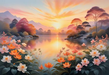 Sunset painting with double exposure., captivating and enchanting elements, classical beauty, serene nature scenes, modern botanical artistry, harmonious blend, mesmerizing composition, immersive experience, botanical beauty, contemporary elegance, intricate details, soft colors, peaceful ambiance, blending classical and contemporary botanical aesthetics to create a timeless and captivating floral masterpiece.