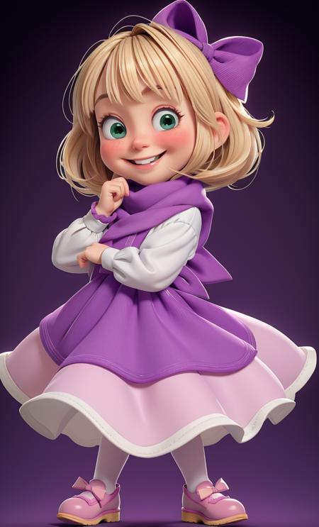 <lora:Masha_and_the_Bear:1> Blonde hair, large green eyes, smiling expression, finger on cheek, rosy cheeks, purple scarf with white lining and bow, covering all the hair, white shirt with blue cuffs, purple dress, full body, pink and yellow shoes, bangs