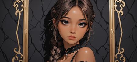 young woman, looking at viewer, portrait, black wall on background, bare shoulders, choker, black eyeliner, eyeshadow, eyelashes, detached sleeves, elegant, close,, <lora:Woomy_4_Flux:1.1> dark skin, dark eyes, brown hair, braid over shoulder,
