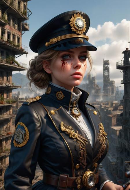 <lora:md2034:0.5> triggering, blood splatter,
poster_\(medium\),  Intense looking but cute and attractive woman smoking an old fashioned pipe, wearing black militaristic uniform and cybernetic monocle stands in front of big stompy mechs with an expansive cityscape in the far distant background, ((it's a glorious future emblem)),  (simple_background:1.3), symmetry,(no_humans:1.3),, (masterpiece:1.3), (best_quality:1.3), (ultra_detailed:1.3), 8k, extremely_clear, realism, (ultrarealistic:1.3),, insane details, intricate details, hyperdetailed, ultra detailed, extreme detailed, highest detailed, high_detail, epic, attention getting, hdr, photorealistic, highres, ultra_high_res, photography, aesthetic, extremely_delicate, ng_deepnegative_v1_75t, Ellis-RealismBoost, epiCRealism