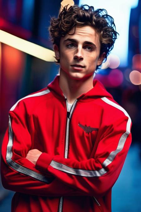 Timothe Chalamet a man <lora:Timothe-Chalamet-000002:1>, realistic photo in a worn ((skin-revealing skimpy erotic red tracksuit, massive hairy pecs)), big pecs, big arms, bulge, VPL, ((light bokeh)), intricate, (steel metal [rust]), elegant, erotic, exuding sexual energy, homoerotic, sharp focus, photo by greg rutkowski, soft lighting, vibrant colors, (masterpiece), ((streets)), (detailed face), looking at viewer, light smile, night, walking towards viewer, cinematic lighting, beautiful lighting, cinematic lighting, (hazy filter, film grain:1.2)