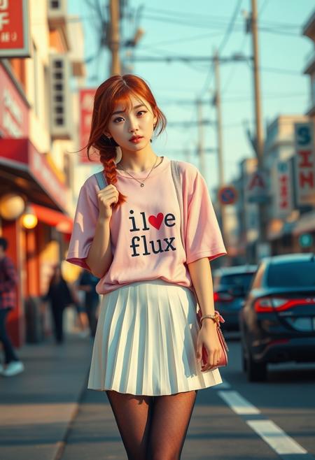 cinematic scenario, sunny, outdoors, on street, on a date, ultrarealistic, beautyfull scene, brooding, cozy lighting, early morning,
give me a image of a beauty woman((asian woman, korean woman, japanese, semi anime girl), cute girl, with red hair, yellow ringed eyes, braid hair an side bangs, pink shirt with a text"i love flux", white pleated skirt, black pantyhose, 7/8 pantyhose, egirl, white sneakers,little women's bag, chains, pink bag, pretty, girlfriend, kanojo