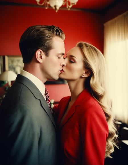 beautiful woman with long blonde hair,light blue eyes, medium shot of a man in suit and a red dress woman  kissing in a dimly lit room with perfect spotlight on Kodak Vision3 500T Film Stock Footage Style, faded film, desaturated, 35mm photo, grainy, vignette, vintage, Kodachrome, Lomography, stained, highly detailed, found footage