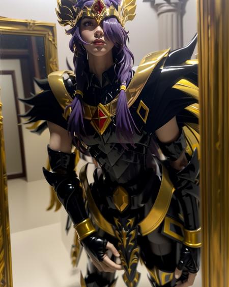 SAINTSAIYALOKI 1boy, hair over one eye, gold armor, purple hair, gloves, red eyes, helmet, wings, armor, dark skin