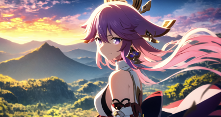 <lora:yaeMikoRealisticAnime_offset:0.6>,  smile, sky, hair blowing, yae miko \(genshin impact\), pink hair, yae miko,  <lora:ufotable_loha-000001:0.7>  looking at viewer, blue hair,  face, detailed eyes, anime screencap, ufotable style, purple eyes, kitsune, <lora:beautifulDetailedEyes_v10:0.6>, beautiful purple eyes, shrine, bare shoulders, green landscape, day, solo, from side, looking at viewer, on the top of a mountain, sunrise,