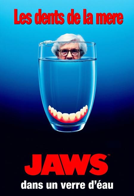 french movie poster parody based on the poster of the horror movie jaws, the title "Les dents de la mere" is written in bold blood red letters, below the title is a side picture of a large glass of water over a blue gradient background, at the top of the glass, at the water surface is an old lady wearing glasses swimming toward the viewer, at the bottom of the glass inside the glass of water is a pair of dentures with white teeth and pink gums. below the glass is the subtitle "dans un verre d'eau" written in bold white font