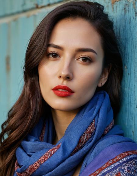 A photo-realistic shoot from a close-up camera angle about a young woman sitting on the ground, wearing a blue and purple patterned shawl and a matching scarf. the image also shows a woman in the middle of the image, who appears to be a 20-year-old woman with fair skin, white hair, and red lipstick, sitting in a relaxed position, holding a smartphone in her hands. she is facing the viewer with her eyes closed, and her expression is serene. her hair is styled in a long hair style and her hair color is white hair. her eye color is brown eyes and her lips are painted red lipstick. she has a slim body and is wearing a loose, oversized blue and orange pashmina with a patterned scarf around her neck. the background is a rusted, blue wall with peeling paint, and the lighting is soft and natural, casting gentle shadows.