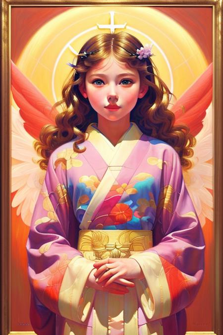 a angel girl in a red kimono, angelical