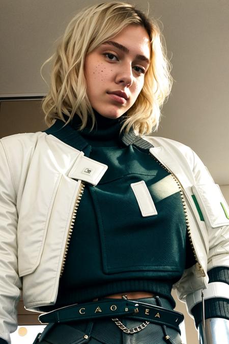 instagram photo, closeup face photo of 23 y.o Chloe,  hard shadows,  <lora:deadlock-nvwls-v1:1>, white jacket, green shirt, black pants, boots, four small moles under her right eye in each direction  (single mechanical arm:1), from below