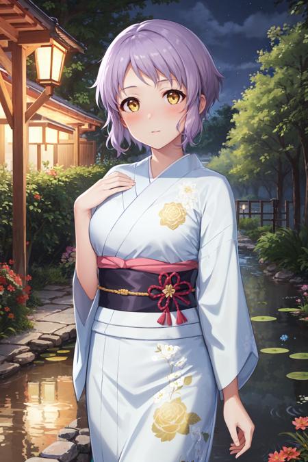 (masterpiece, best quality:1.4), looking at viewer, cowboy shot, blush, mizuki makabe, purple hair, short hair, yellow eyes, floral print, kimono, sash, obi, outdoors, night, pond, tree, lantern, <lora:mizuki_makabe_v1:0.7>