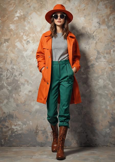 Create a detailed digital illustration in the style of an oil painting, featuring a young woman standing confidently against a warm, textured background with a glowing sun. She wears a wide-brimmed hat with goggles, a loose red jacket over a gray t-shirt, and two-tone cargo pa.nts - one leg orange, the other green - paired with high-top boots with orange laces. Use slightly rough texture and dramatic lighting to highlight the folds of her clothing and the details of her accessories. The colors should be rich and saturated, creating a vivid, dynamic atmosphere. Keep the background minimal and neutral to emphasize the bold and adventurous mood —ar 3:4 —s 1000 —style raw —v 7
 <lora:Dorota_2:1> Dorotanima style <lora:Phandigrams:1> By Phandigrams  <lora:Phandigrams_II:1> By Phandigrams