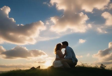 Couple in love kiss on top of a hill under a canopy of white clouds against a bright blue sky, 
the sun's rays filter through the cumulus formations, 
casting a soft glow on their silhouettes, 
lush and green hillside, 
the warmth of the golden hour that permeates the scene, 
ultra realistic, 
golden number, 
dramatic lighting