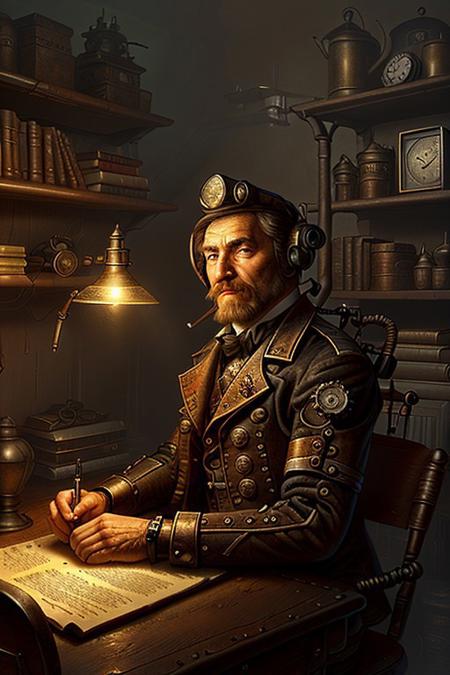 score_9, score_8_up, score_7_up Portrait of a young handsome male steampunk detective sitting at a cluttered desk, focusing on his intense expression. He has a focused look, and wears a dark Victorian coat. The lighting is warm from a single flickering oil lamp on the desk, casting shadows across his face. The background is blurred, with only hints of gears and bookshelves. The scene is richly detailed in sepia tones, creating a mysterious, close-up, waist-up composition